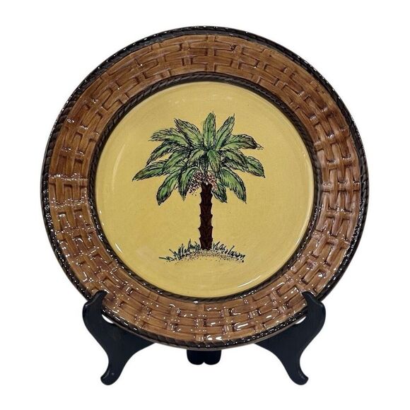 Pacific Rim Decorative Plate Round 10 3/4" Hand Painted Palm Tree Basket Weave - Picture 4 of 9